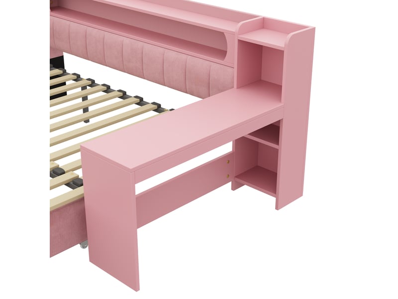  Lit jeune, lit gigogne 90x200180x200, avec bureau, led et usb en mdf, coloris rose  - Conforama E