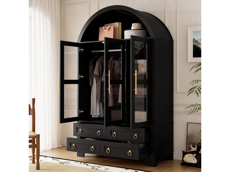  Armoire-penderie vitrée 110x50x186cm avec 3 portes en verre, 4 tiroirs, tringle et éclairage led pilotable par application, noir evarich - Conforama E