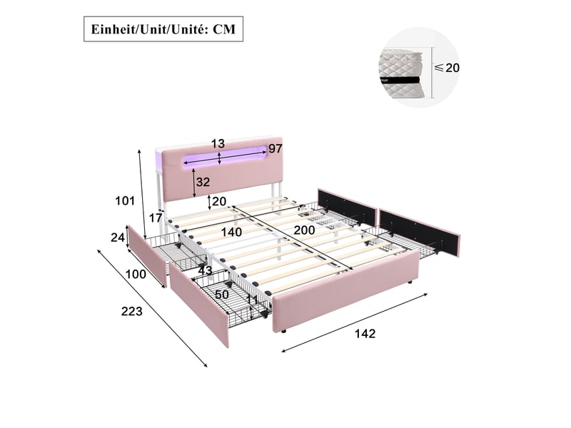  Lit enfant 140x200 cm avec 4 tiroirs latéraux et éclairage led contrôlé par application couleur rose sans matelas  - Conforama C