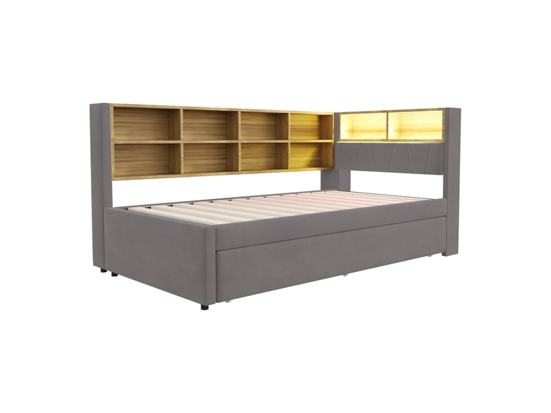  Lit gigogne 90×200 cm, avec lumières led, prises et nombreux rangements, lit capitonné, flanelle, gris foncé  - Conforama A