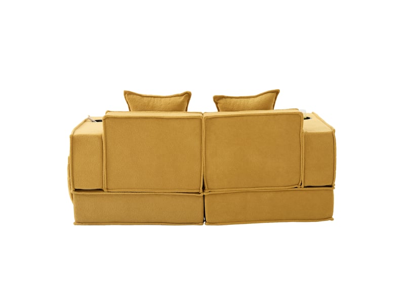  Canapé-lit double 2 places, tissu moderne, 2 coussins, pouf avec rangement, porte-gobelets, multifonctionnel  - Conforama E