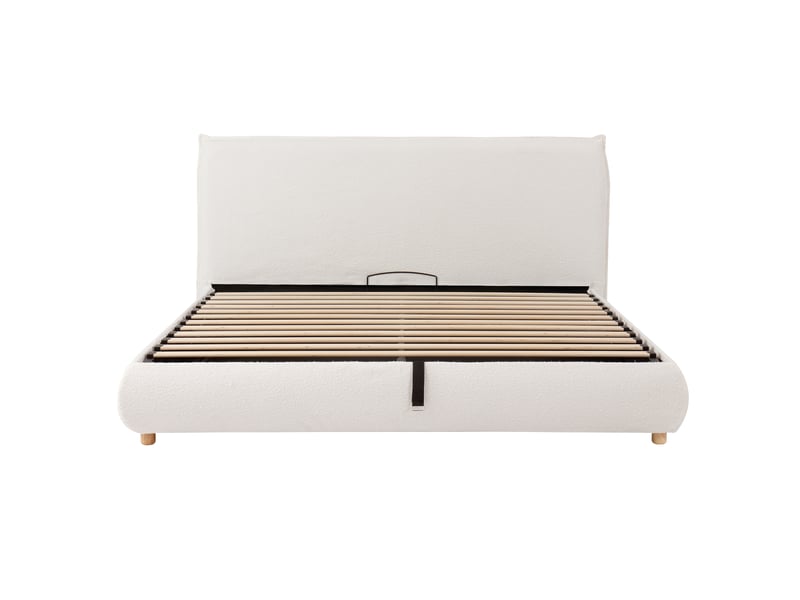  Lit coffre hydraulique 180x200 cm blanc en bouclé avec sommier, grand rangement, tête de lit rembourrée et pieds en bois massif  - Conforama A