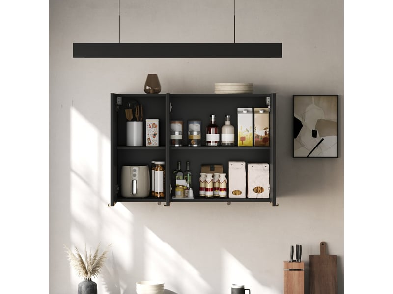  Meuble haut de cuisine mural 3 portes en mdf noir, 90x29x60 cm  - Conforama C