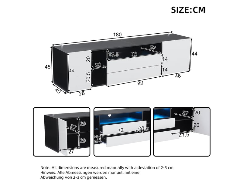  Meuble tv bas noir et blanc avec led, 2 tiroirs et 2 portes – 180 x 40 x 45 cm  - Conforama D