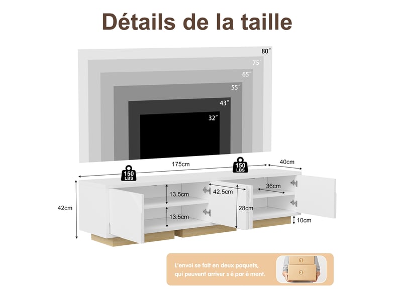  Meuble tv blanc 175 cm style nordique avec 4 portes, multiprise usb-c intégrée, étagères réglables, pour tv jusqu’à 80 pouces  - Conforama C