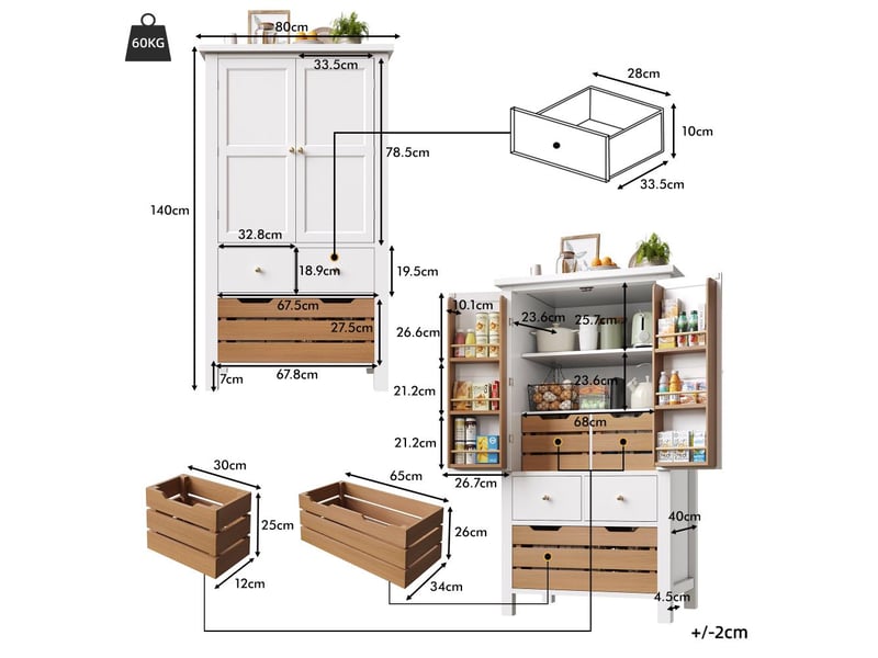  Buffet de cuisine haut 80x40x140cm avec 2 portes et 5 tiroirs, rangement multifonctionnel, design moderne blanc  - Conforama C