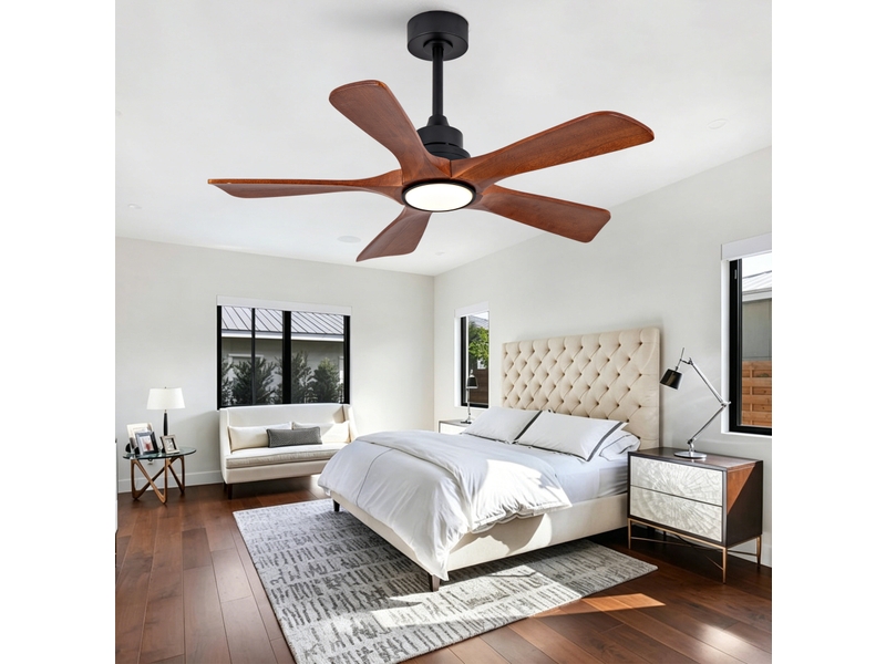  Ventilateur de plafond 107x107x34,5 cm réversible 6 vitesses, éclairage led 3 cct dimmable avec télécommande, 5 pales en bois massif, structure en métal, coloris noyer et noir  - Conforama B