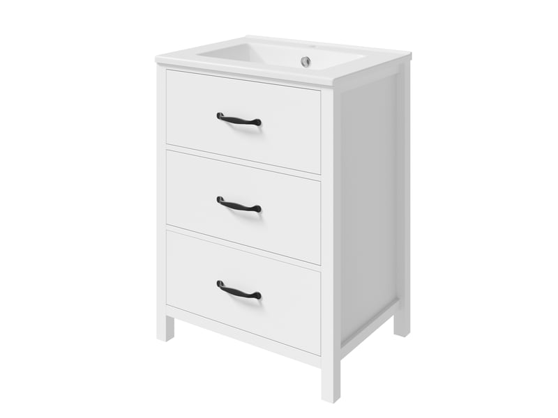  Meuble vasque salle de bain blanc 61 cm avec lavabo céramique intégré, 3 tiroirs silencieux, finition laquée  - Conforama D