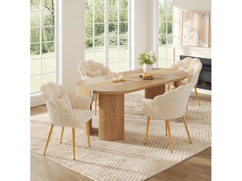 Lot de 4 fauteuils 64x65,5x85 cm, dossier pétale, accoudoirs, coussins, pieds en fer doré, tissu teddy beige - Conforama B