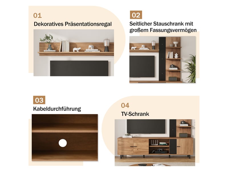 Ensemble meuble tv avec 3 placards, meuble tv bois et noir pour écran jusqu'à 80 pouces, étagères ouvertes et rangement mural  - Conforama R