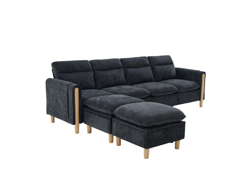 Canapé modulable 4 places modenvie avec deux poufs coffres, forme en u, tissu chenille noir - Conforama A