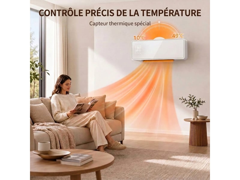 Radiateur électrique mural 2000w céramique ptc avec télécommande et minuterie panneau en verre blanc - Conforama D
