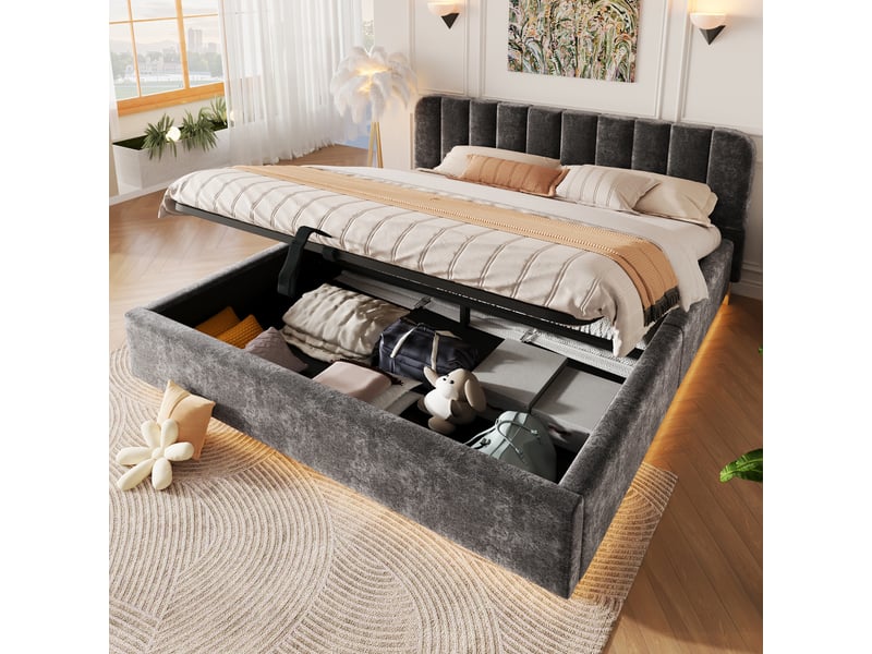 Lit coffre 180x200 cm anthracite, tissu chenille, sommier relevable hydraulique, led contrôlée par appli, sommier à lattes inclus - Conforama B