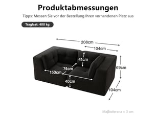 Canapé d’angle modulaire noir 2 places sans cadre, en velours côtelé, assise profonde de 74 cm pour salon ou chambre