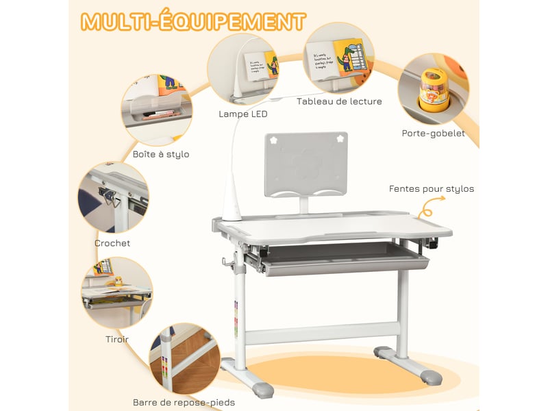  Ensemble chaise et bureau pour enfants avec lampe led hauteur réglable plateau support incliné de lecture gris  - Conforama E