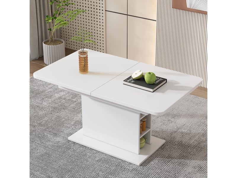  Ensemble table à manger extensible blanc et 4 chaises en velours beige, rangement intégré, piètement métallique, salle à manger  - Conforama W