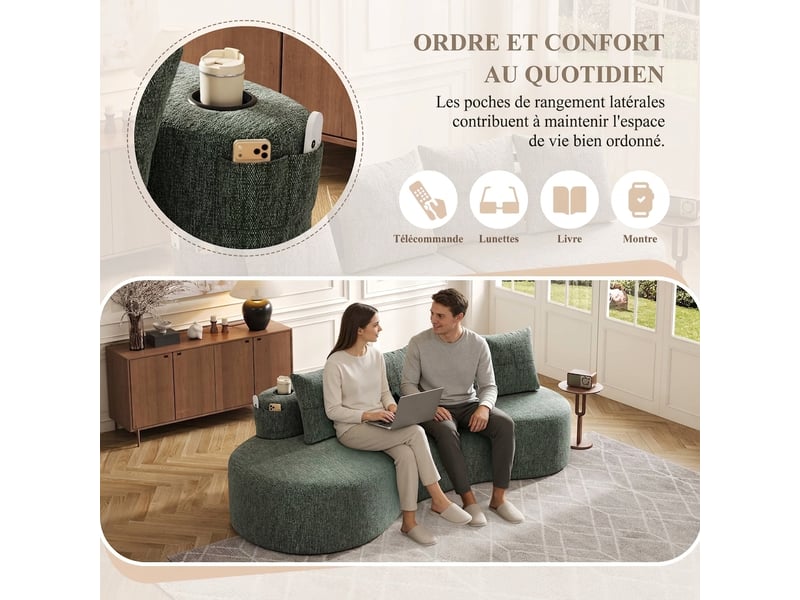 Canapé en lin respirant avec 4 coussins 240 cm - porte-gobelet et poches latérales - Conforama R