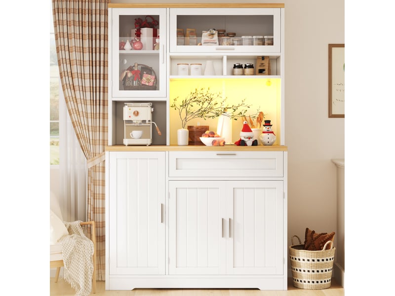  Meuble de rangement haut 104x40x180 cm, armoire de rangement, tiroir, portes, luminaire led, pour cuisine, salon, mdf+métal, blanc  - Conforama B