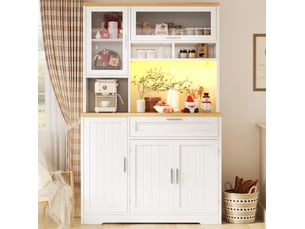 Meuble de rangement haut 104x40x180 cm, armoire de rangement, tiroir, portes, luminaire led, pour cuisine, salon, mdf+métal, blanc