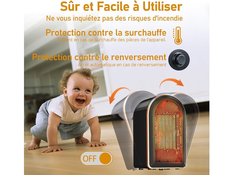  Chauffage soufflant, économe en énergie, avec protection contre la surchauffe et le basculement, céramique ptc, petit chauffage électrique, 1200 w, noir GTR01897 - Conforama C