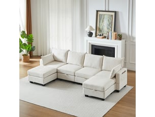Canapé d'angle modulaire en chenille 6 places avec ottomane de rangement et chaiselongue pour salon