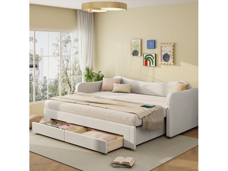  Lit gigogne 90x200 cm transformable en lit double avec tiroirs en velours beige  - Conforama C