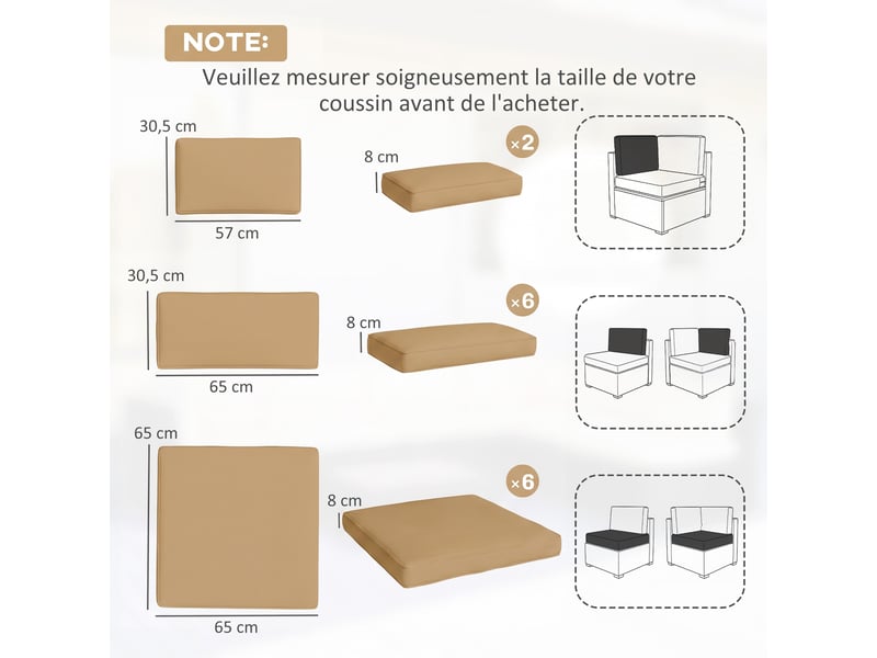  Lot de 14 housses de rechange coussins salon de jardin - 6 housses coussin d'assise, 8 housses coussin dossier marron  - Conforama E