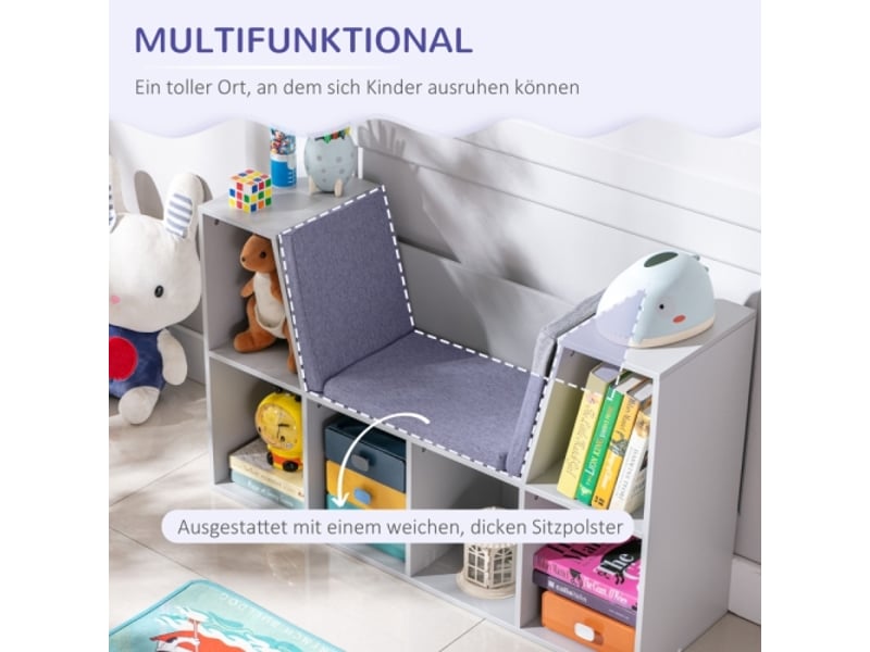  Banc coffre enfant gris, bibliothèque 6 compartiments, 3 coussins, rangement jouets, 103x30x62 cm, dès 3 ans  - Conforama E