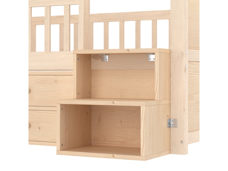  Lit cabane surélevé en bois, lit simple avec 4 tiroirs, étagères et led, 90x200 cm, sans matelas, blanc et naturel  - Conforama E