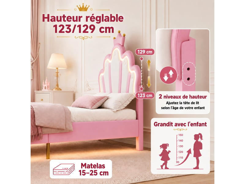 Lit enfant 90x190 cm, lit rembourré en similicuir pu rose avec tête de lit couronne et nuage, éclairage double led rgb (tête et sous le lit), hauteur réglable - Conforama R