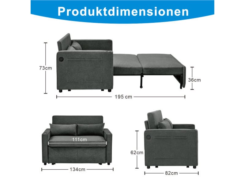 Canapé-lit 2 places 3-en-1: grand et élégant, minimaliste, coulissant, usb intégré, gris foncé, idéal sieste - Conforama C