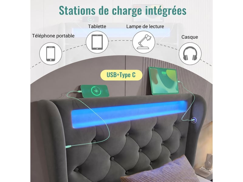 Lit coffre 90x200 avec matelas, velours gris, led, ports usb et type-c  - Conforama E