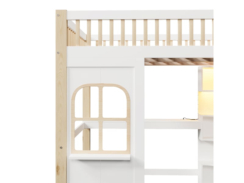  Lit mezzanine 140x200 cm avec led, fenêtre style maison et rangements, bois et mdf, blanc et naturel, sans matelas  - Conforama D