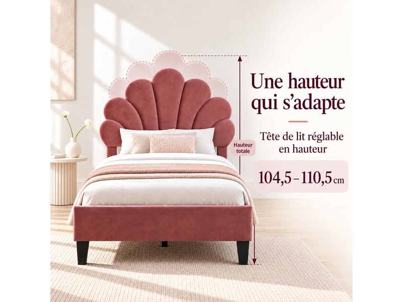  Lit enfant 90x200 cm en velours, lit simple rembourré avec sommier à lattes, tête de lit en forme de pétale réglable en hauteur, cadre de lit capitonné pour enfants et adolescents, rouge  - Conforama W