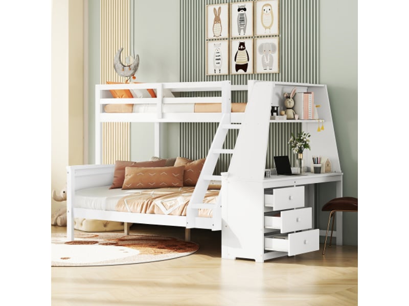  Lit superposé enfant 90x200 cm et 140x200 cm, bureau, étagère, 3 tiroirs, barrière, escalier, blanc, sans matelas  - Conforama B