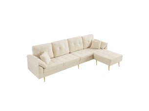 Canapé droit 4 places avec pouf modulable  - assise profonde, velours côtelé écru 250 × 70 × 87 cm