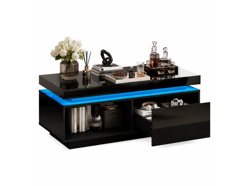  Table basse noire brillante avec éclairage led, tiroir et plateau 100 x 50 x 40,3 cm  - Conforama A