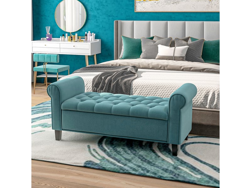  Banc de rangement bout de lit avec accoudoirs, tissu velours rembourré et capitonné, 126 x 48,5 x 57 cm, vert  - Conforama D