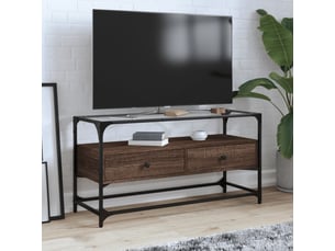 Meuble tv - banc tv - meuble de rangement avec dessus en verre chêne marron bois d'ingénierie