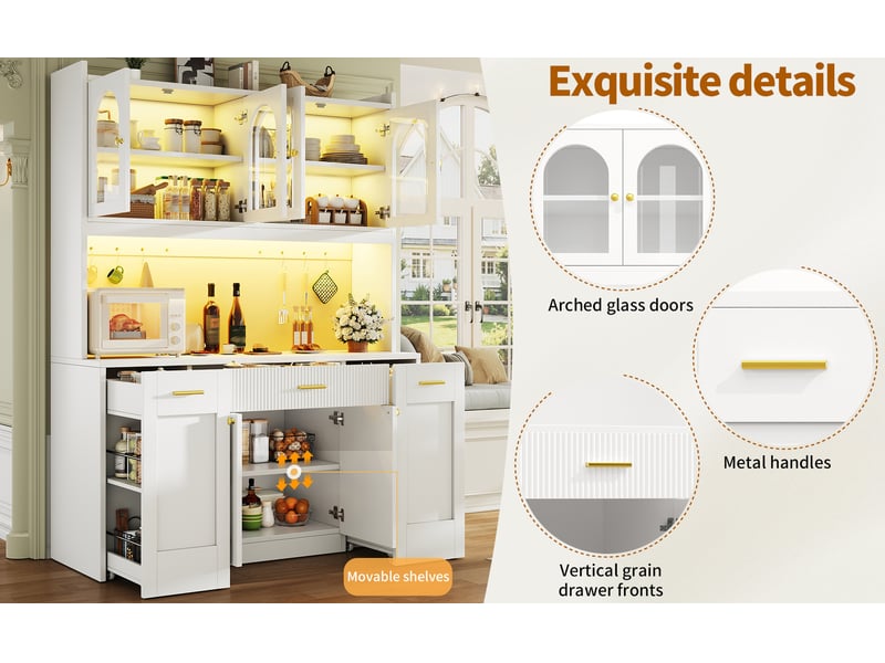  Buffet de cuisine 120 cm avec led rgb, 3 vitrines en verre, tiroirs et rangements coulissants, blanc  - Conforama D