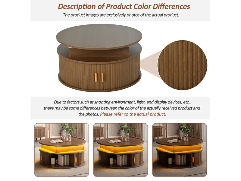  Table basse relevable ronde 75x75x52 cm avec led et rangement, au design simple, table de salon, mdf, couleur noyer  - Conforama E