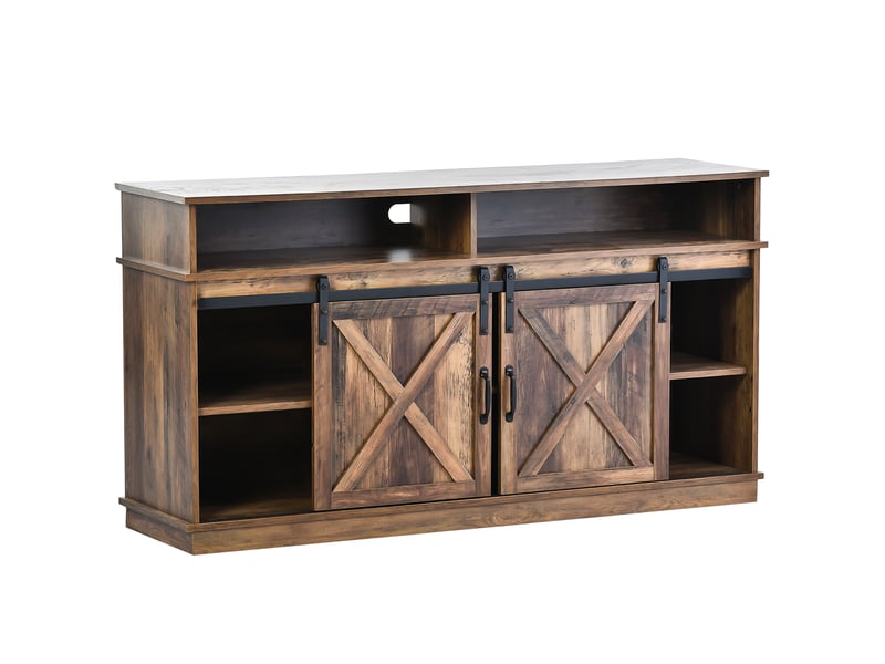 Meuble tv style campagne 148x40x78 cm avec 2 portes coulissantes et étagères réglables, grand rangement pour salon et salle à manger - Conforama E
