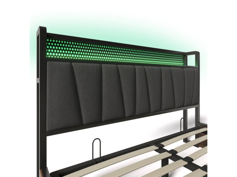Lit adulte 180x200cm, lit coffre, lit double, avec led, usb, espace de rangement de tête de lit, lin gris, sans matelas - Conforama R