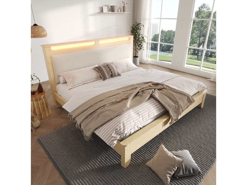  Lit double en bois et velours côtelé beige 145x215 cm  - Conforama B