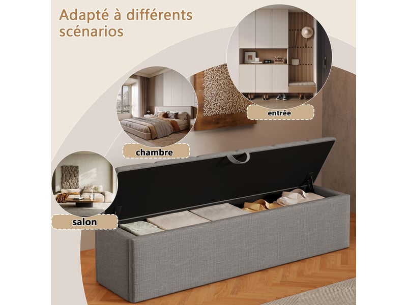  Banc coffre rembourré, 113 × 32 × 36 cm, gris, velours, rangement intégré, assise relevable, mobile, barrière ouvrante  - Conforama E