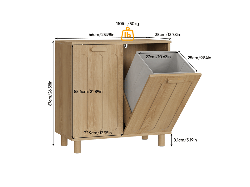  Panier à linge basculant 66x35x67 cm avec 2 paniers amovibles, rangement salle de bain, mdf décor chêne  - Conforama C