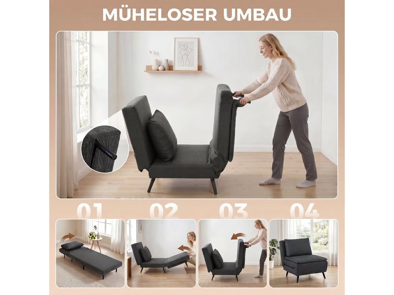  Fauteuil convertible 3 en 1 en lin dossier inclinable gris foncé 90 x 89 x 79 cm  - Conforama D