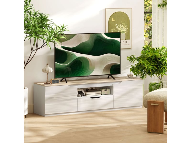  Meuble tv 160 x 38 x 43 cm 3 compartiments tiroir finition brillante aspect bois naturel  - Conforama B