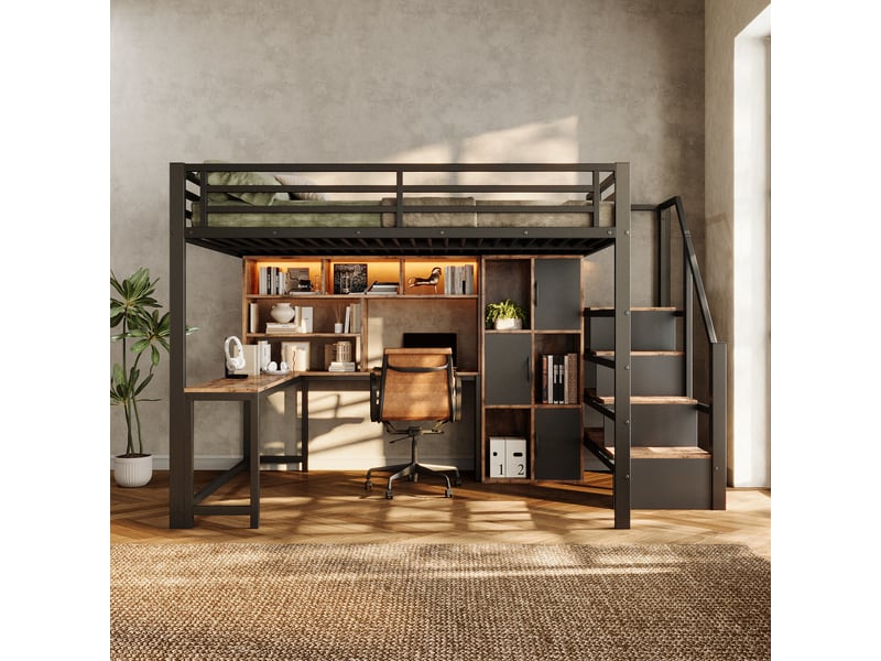  Lit mezzanine 140 x 200 cm avec bureau, led et escalier avec rangement, lit double en métal avec étagères et placards intégrés - noir  - Conforama C