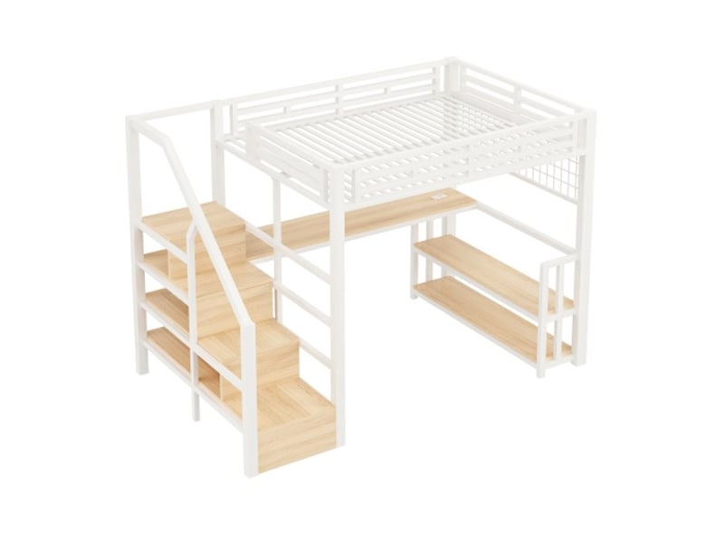 Lit mezzanine 140x200 cm cadre en fer blanc, rangements, escalier rangement, bureau intégré, led, usb-c, sans matelas - Conforama E